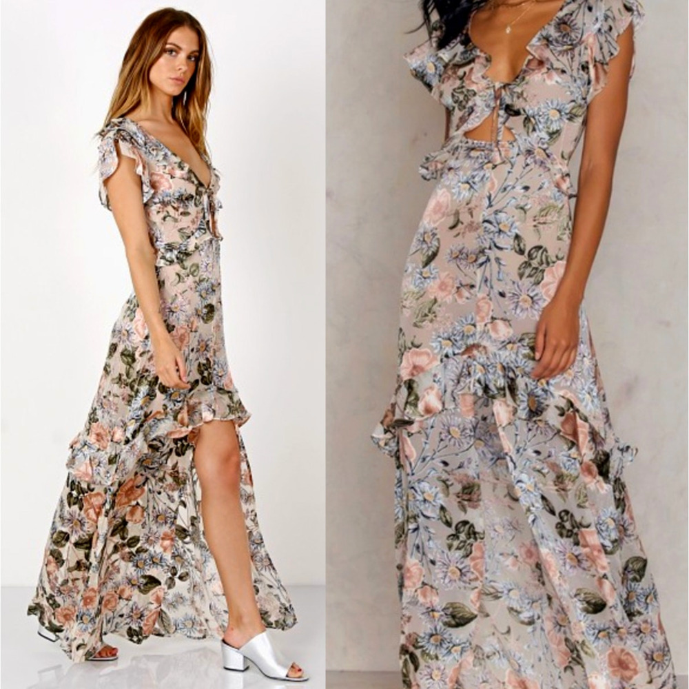 NWT! For Love&Lemons L Floral Luciana Silk Burnout Maxi Dress Backless Pink Tan - Picture 3 of 8